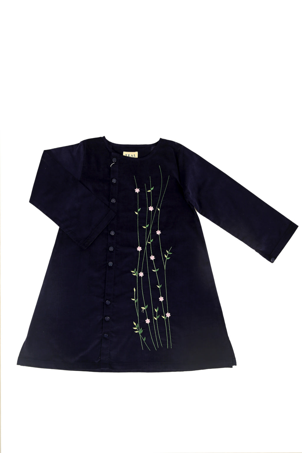 Blue Corduroy Top with Floral Embroidery