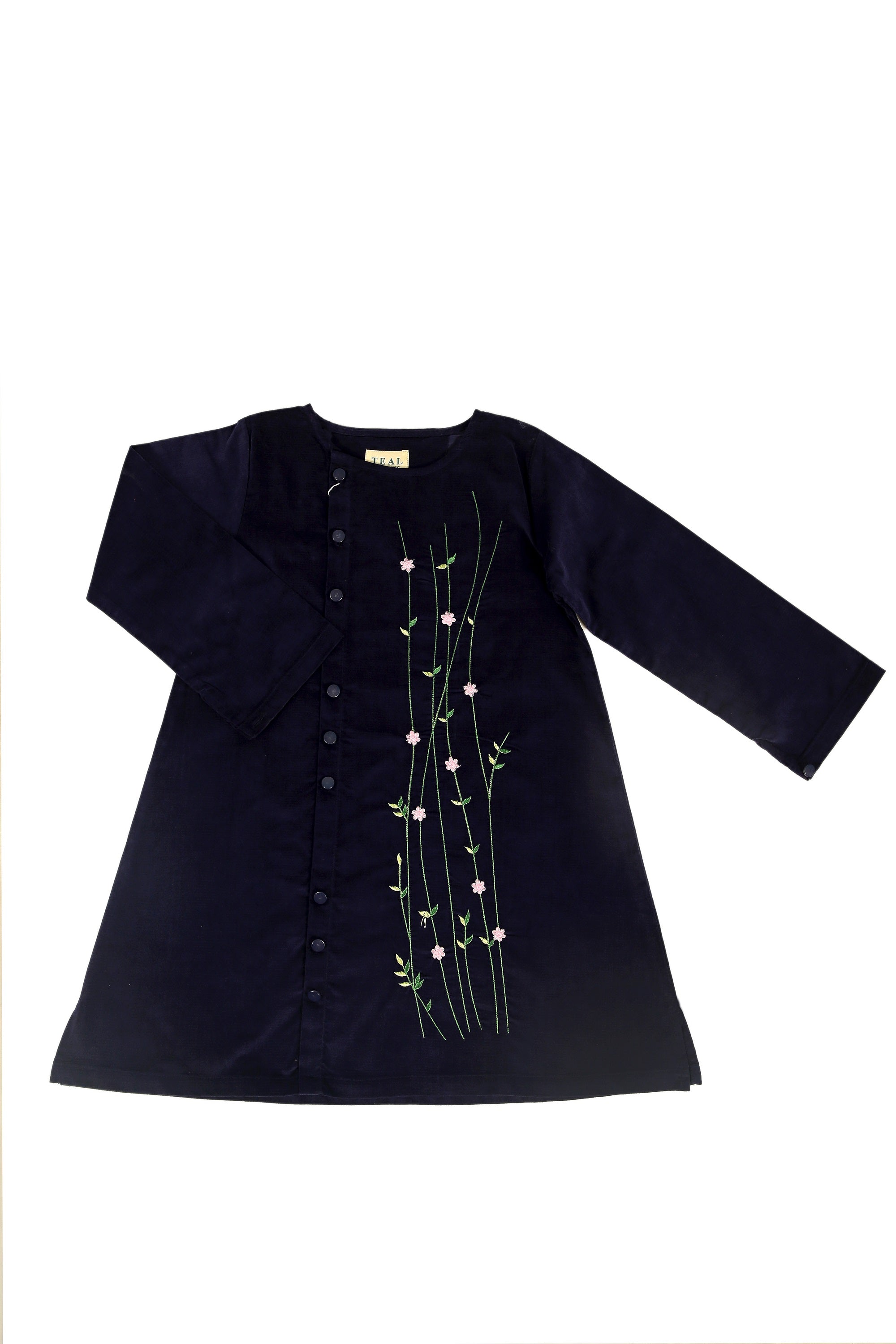 Blue Corduroy Top with Floral Embroidery