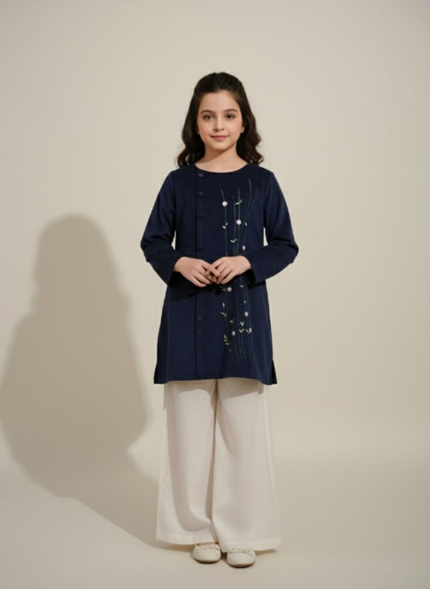 Blue Corduroy Top with Floral Embroidery