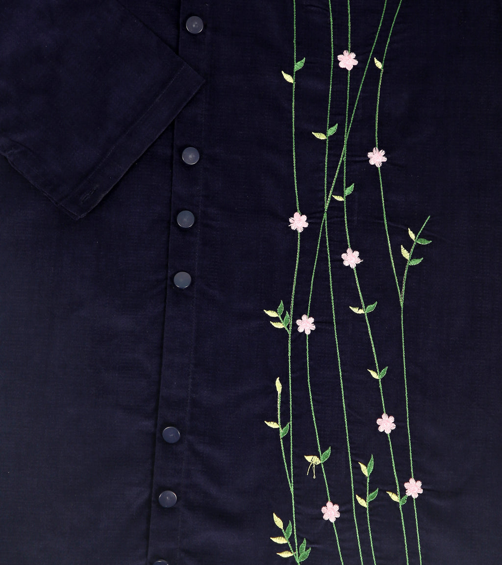 Blue Corduroy Top with Floral Embroidery